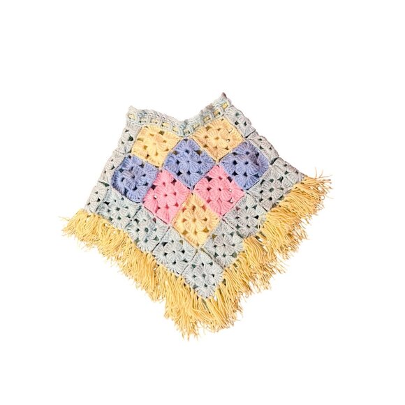 Vintage Handmade Crochet Girls Poncho 2T–4T? Pastel Granny Square Fringe - Picture 3 of 9